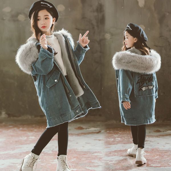 

2019 new winter kids куртка для девочек-подростков меха с капюшоном верхняя одежда thicker хлопок джинсовой куртки шинель одежды для детей, Blue;gray