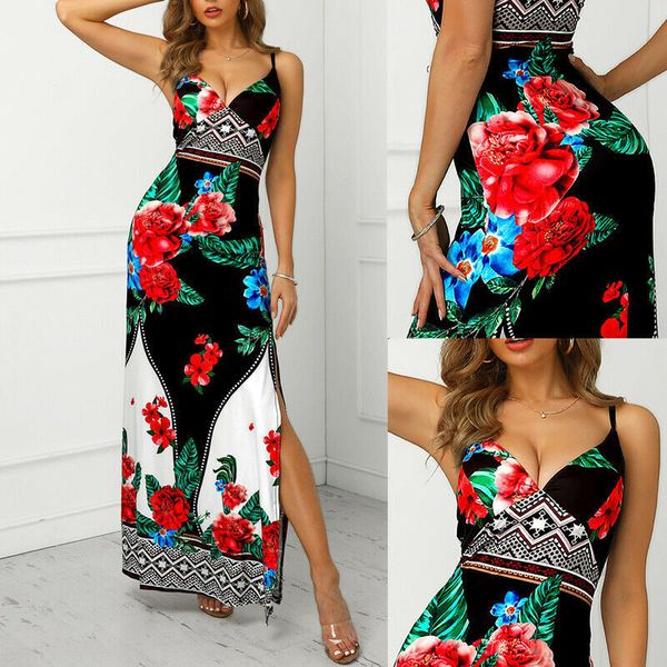 

women 2019 summer boho maxi long dress evening party beach dresses sundress sling vintage floral print robe femme vestidos, Black;gray