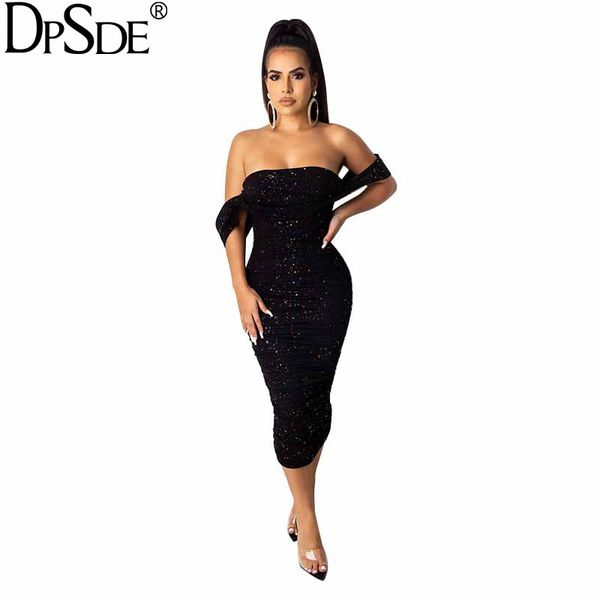 

women 2020 fashion reduction of age club party style long dresses sleeveless card shoulder tight pure color mid long dress, Black;gray
