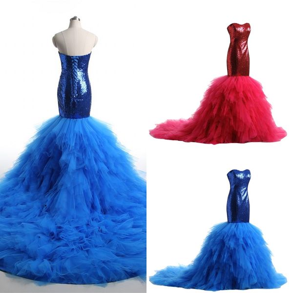 2020 moda Red e dos azuis Prom Dresses Juniors Formal Evening Vestidos Tulle Ruffle Strapless Trem longo da sereia do partido do regresso a casa