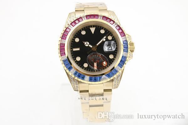 

2019 hot sale Black Dial Golden Stainless Belt Whatches Blue and Red Diamond Irab Bezel Watch Mens Fashion Wrist Watches
