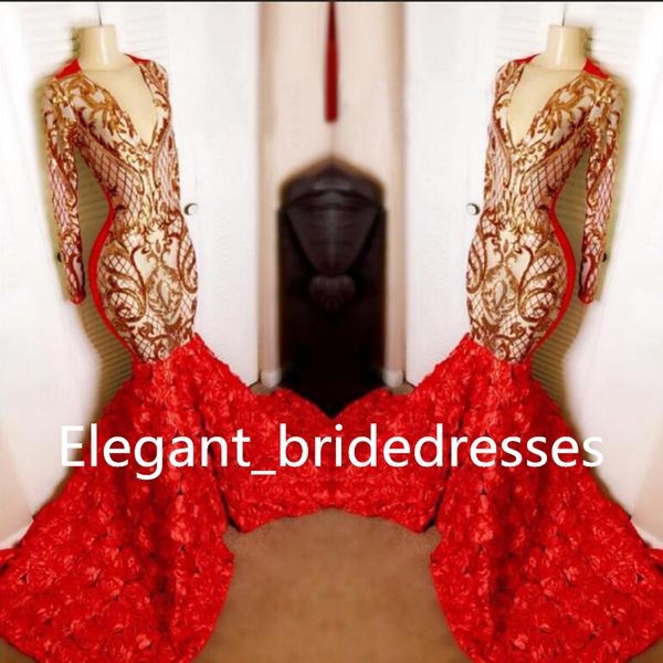 

real sample red mermaid prom dresses long 2019 deep v-neck gold sequin 3d flowers africa black girl long sleeve graduation dresses