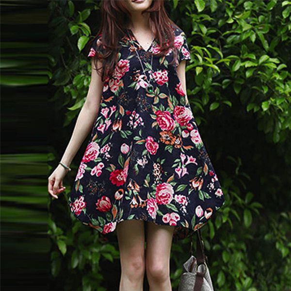 

women retro dress summer 2020 short sleeve v neck floral printed cotton linen loose elegant casual dress female vestidos a80, Black;gray