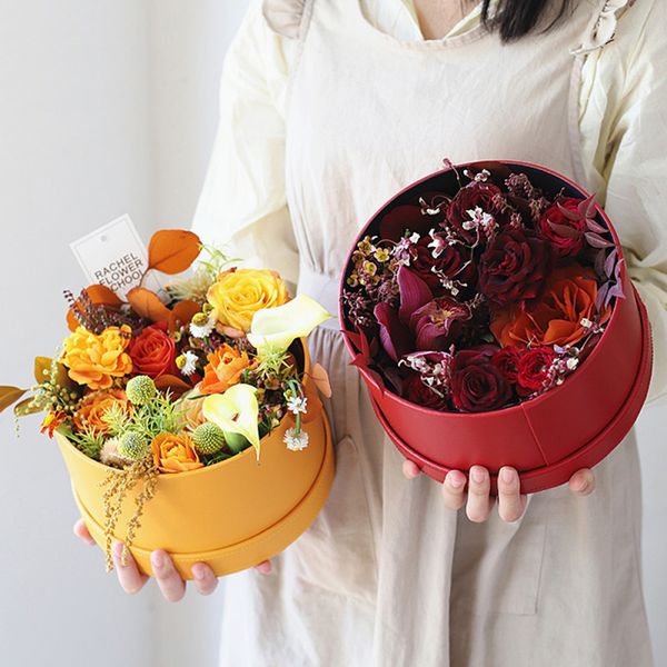 

flower gift leather box round hug bucket with lid florist rose flowers packaging wedding decor valentines gifts bags wrapping