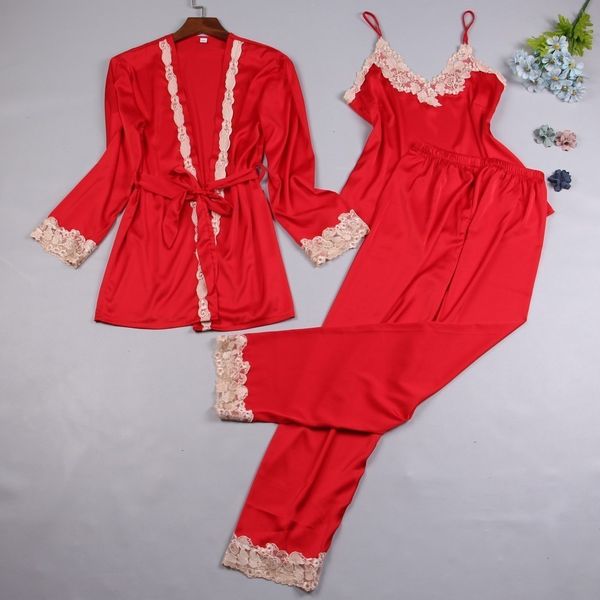 

femme lingeries pyjama femme solid three 2019 piece female silk pajamas set robe sling long sleeve pants women nightgown 6 color, Black;red