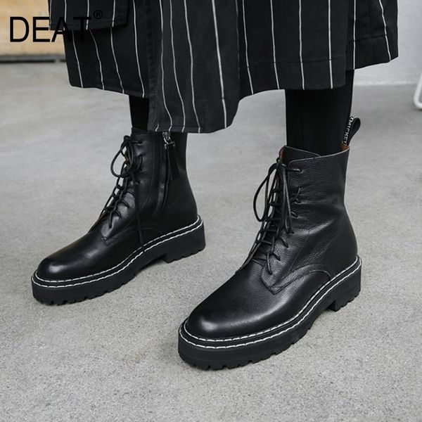 

deat] 2019 new spring summer round toe pu leather bandage side zipper casual single women flat short boots fashion tide 10d180, Black