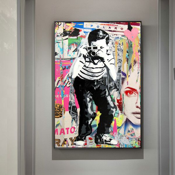 

boy taking ps street art canvas paintings graffiti art canvas prints wall pictures for kids room cuadros wall decoration