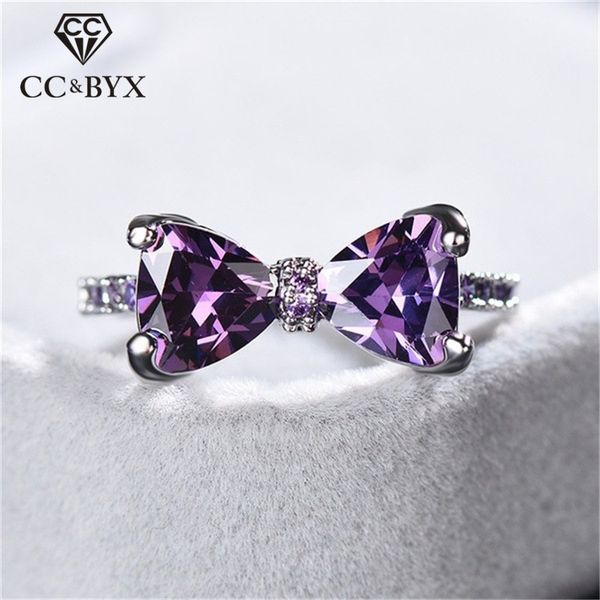 

cc trendy rings for women bowknot purple cubic zirconia ring elegant wedding engagement bridal jewelry anel drop shipping cc2363, Slivery;golden