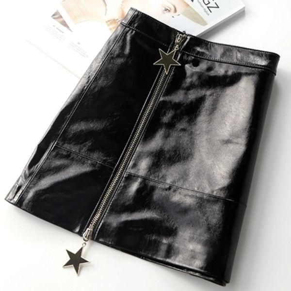 

2018 autumn and winter new leather sheepskin zipper skirt, Black