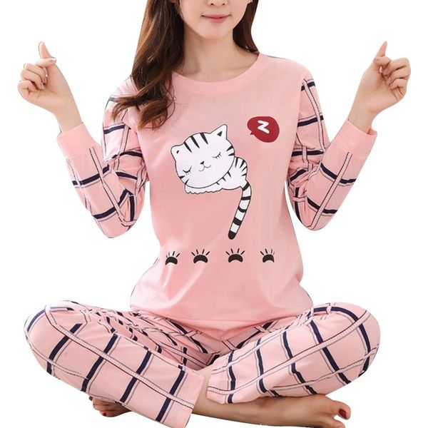 

winter cute cartoon cats print pajamas long sleeve two piece home wear women casual o-neck pyjamas, Black;red