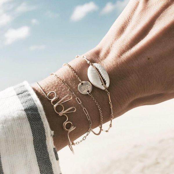 

new fashion cowrie shell charm bracelet for women gold color letter chain bracelet bohemian pineapple coin, Golden;silver
