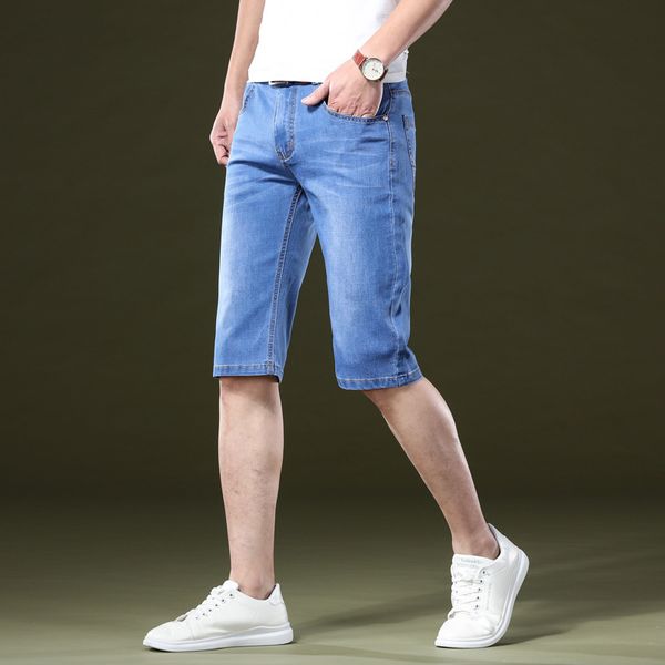 

summer selling jeans men's high conversion does not fade jeans elasticity slim fit shorts men's slim fit shorts, Blue