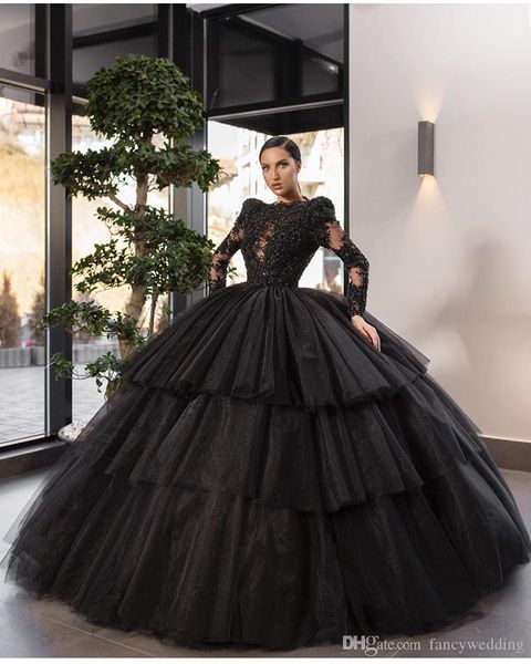 

2019 black ball gown prom dresses bateau neck lace appliqued beads long sleeve eening gowns with petticoat custom made quinceanera dresses