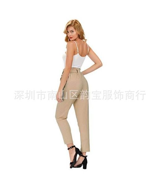 

foreign trade european and american selling women decoration height waist straight tube leisure ninth pants cotton with a belt khaki, Black;white