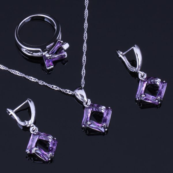 

impressive quadrilateral purple cubic zirconia 925 sterling silver jewelry sets for women earrings pendant chain ring v0976