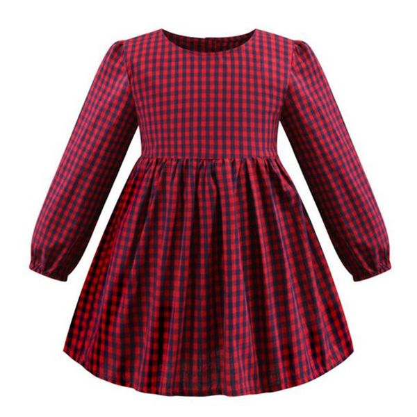 Новая осень красный плед детские девочки платье 100% хлопок детские дети удобные с длинным рукавом платье плиссированные юбка