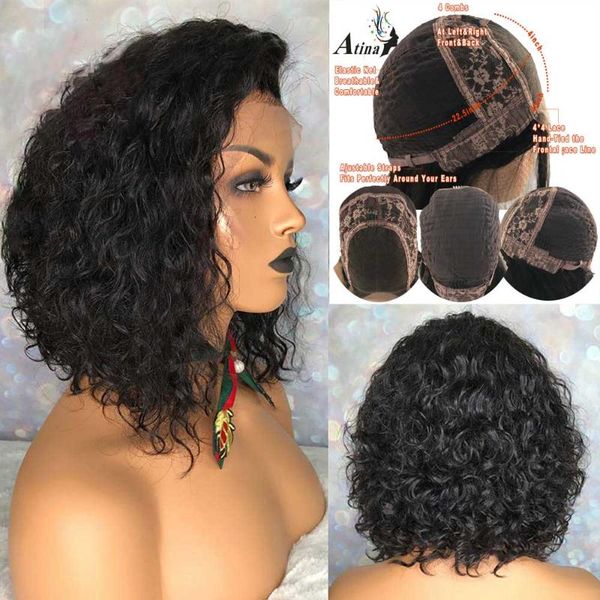 

curly human hair wig short pixie cut bob 4x4 lace closure wig pre plucked with baby hair 150 density atina brazilian remy front, Black;brown
