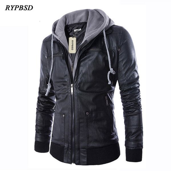 

jaqueta de couro slim fit com capuz biker jackets man black pu faux leather coats with hooded men's jackets and coats