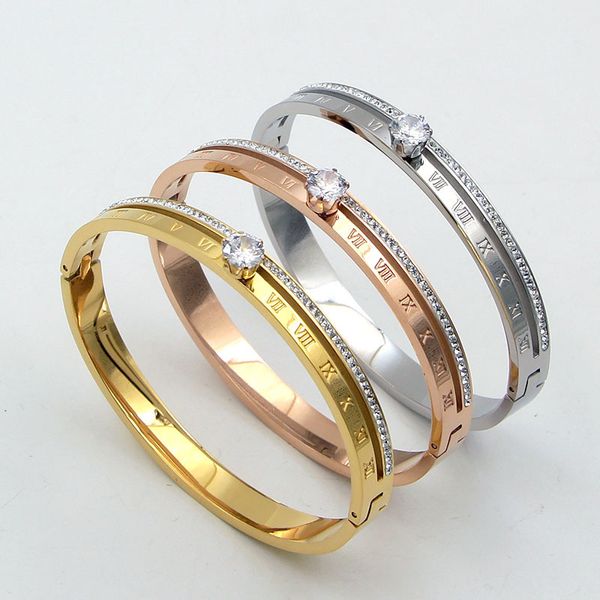 

stainless steel personality big zircon roman numerals gold bracelet bangle for men women luxury jewelry, Black
