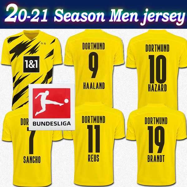 

20-21 #9 haaland home soccer jersey 2020 season #7 sancho #19 brante #11 reus men soccer shirt bundesliga league customized football shirt, Black;yellow