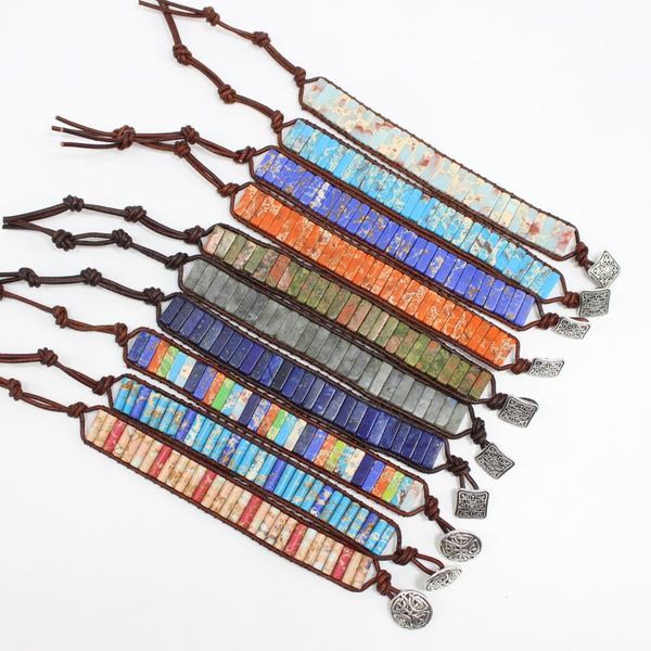 

chakra handmade multi color natural stone tube pattern silver beads leather rope wrap bracelet couples creative gifts jewelry, Black