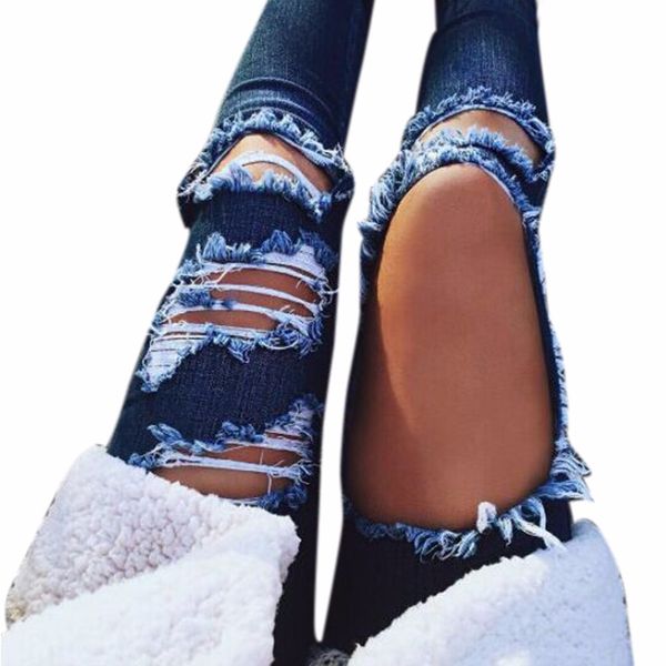 

2019 new irregular scratch holes jeans pancil pants women high waist slim ripped denim jeans casual stretch trousers #b, Blue