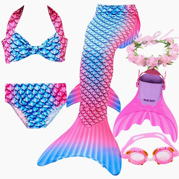 

fancy children mermaid tails with fin girls kids swimsuit mermaid tail bikinis set swimmable costume for girl swimming, Black;red