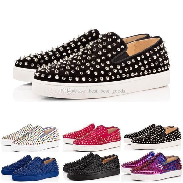 

wholesale designer luxury fashion brand red bottom studded spikes flats shoes for men women black glitter party lovers casual sneakers