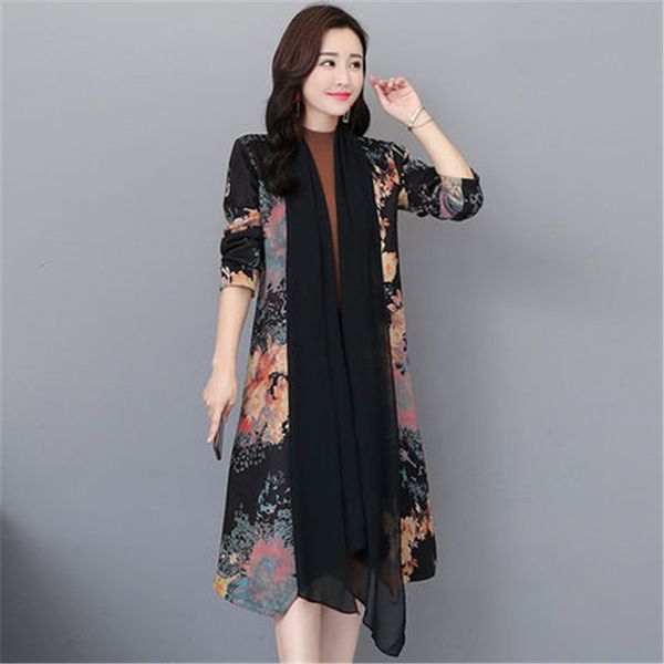 

2019 new spring summer korean printing fashion temperament chiffon trench coats for women sun protection clothing x492, Tan;black