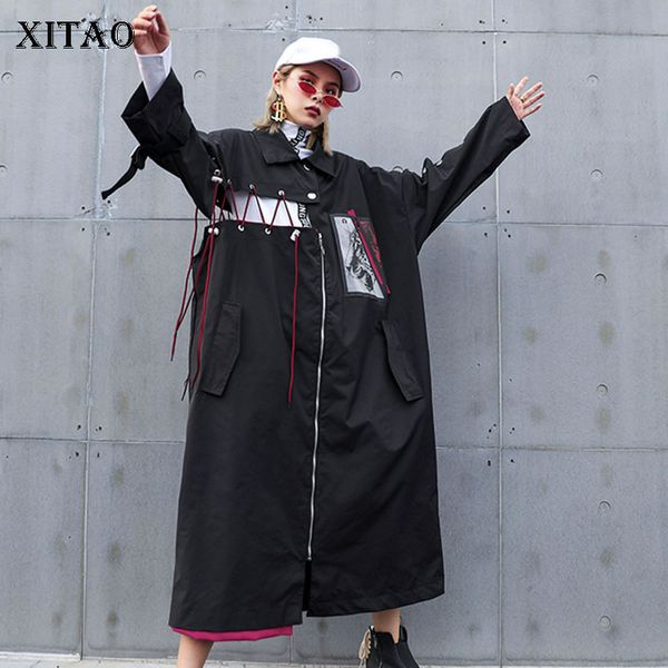 

xitao plus size trench coat women black zipper pockets loose hip hop fashion personality 2019 new autumn trench coat gcc1844, Tan;black