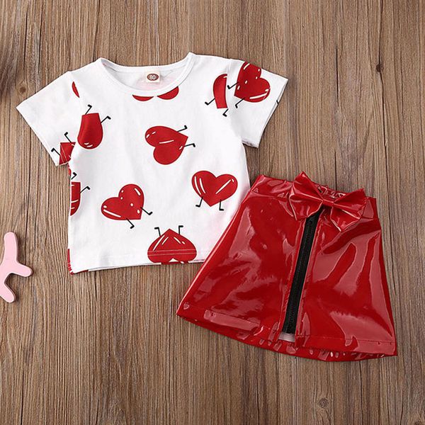 

girls clothing sets 2020 summer kids clothes floral love print shirt short sleeve+red bow leather skirt baby children clothing, White
