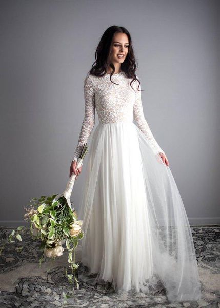 Nuovo abito da sposa Boho in tulle di pizzo a trapezio con maniche lunghe Abiti informali con schienale basso Abito da sposa da spiaggia