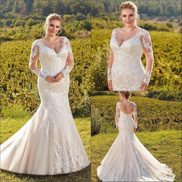 

2020 plus size champagne wedding dresses v neck sheer long sleeves lace mermaid wedding bridal gowns mermaid lace appliques bridal gowns, White