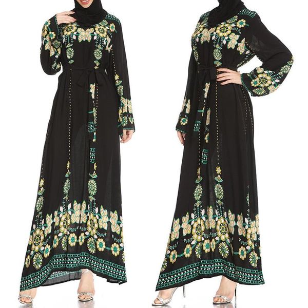 

lady muslim women black printing loose long sleeve round neck festival dress, Red