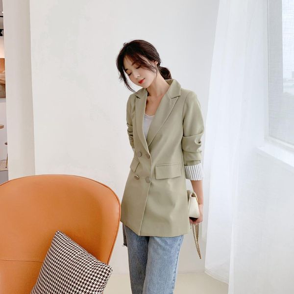

women notched collar double breasted solid blazer autumn winter elegant long coat jacket casual coat loose outerwear, White;black