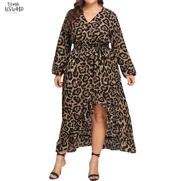 

women plus size leopard print maxi dress autumn full sleeve v neck bandage high waist party dresses ladies ruffles leopard vestidos, Black;gray