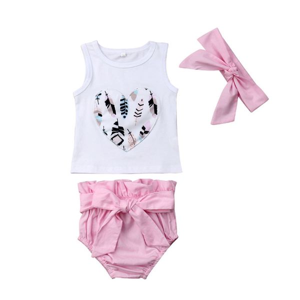 

0-18m newborn baby girls clothes set feather vest shorts headband 3pcs outfits summer cute clothes set, White