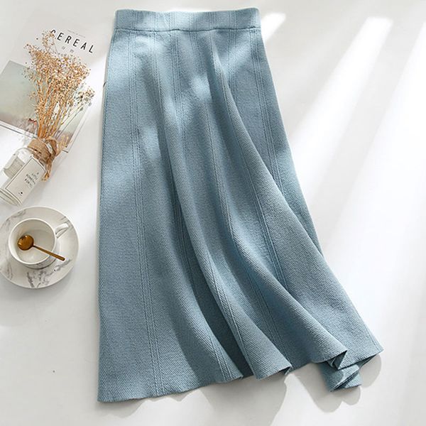 

2019 a-line kintted skirts women autumn high waist solid skirts women long winter pleated skirt elegant jupe femme casual, Black