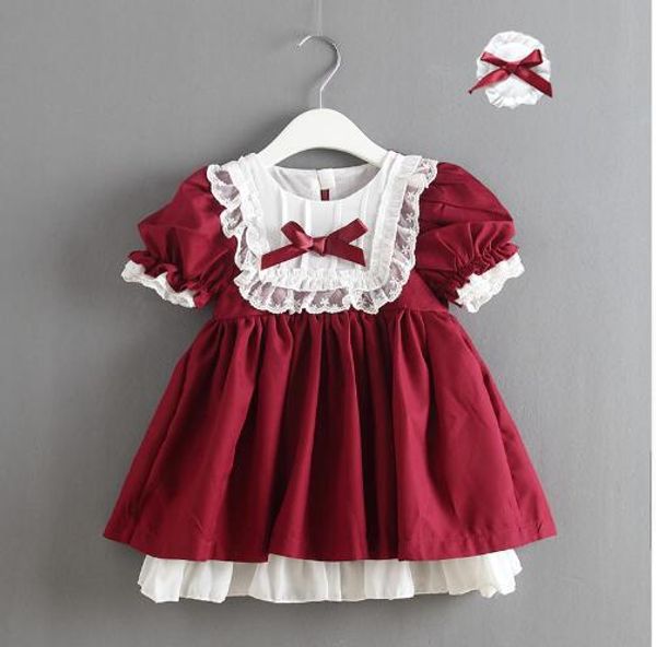 

one piece retail 2020 girl lace spain dresses princess bow dress lolita party with headbands spanish baby clothes, Red;yellow