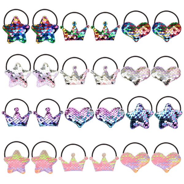 

2 piece/set sequin gradient hair rope princess crown star love hair rope baby rainbow gradient children's hair accessories dhl, Slivery;white