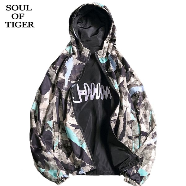 

soul of tiger 2020 spring fashion mens oversized camouflage jackets male harajuku printed hooded coats casual reversible clothes, Black;brown