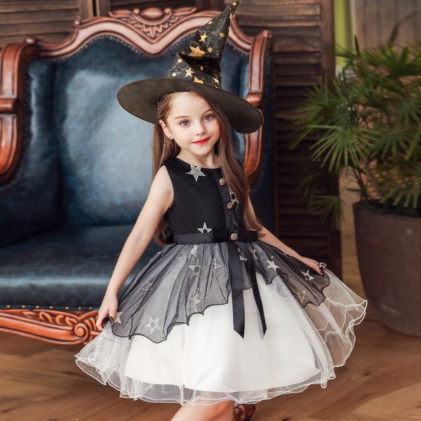 

retail girls halloween witch cosplay star embroidered net yarn princess dress with cap kids luxury designer clothes girls wedding dresses, Red;yellow