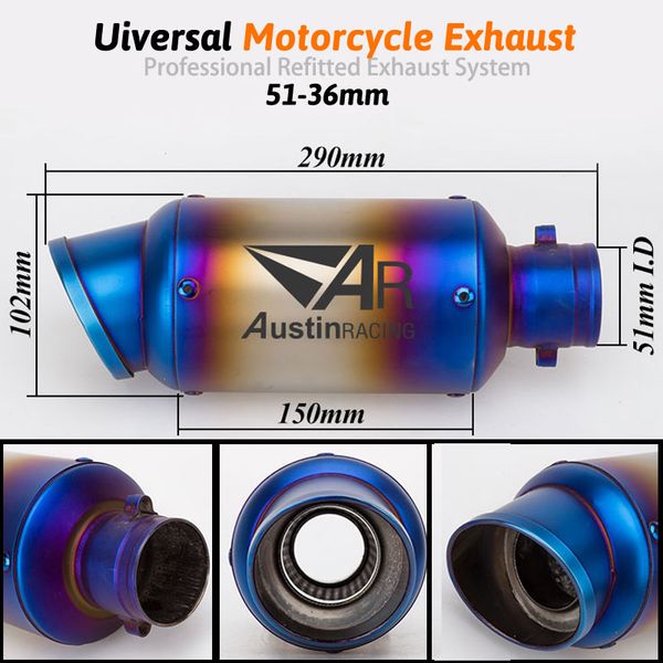 

inlet 51mm motorcycle exhaust pipe muffler ar austin racing universal stainless steel half blue motorbike muffler exhaust