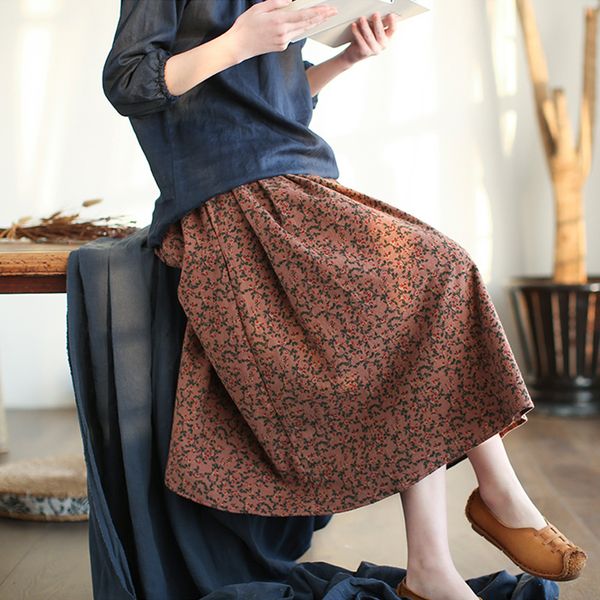 

johnature women floral skirts korean style 2020 spring new pockets elastic waist vintage women pleated skirts, Black;gray