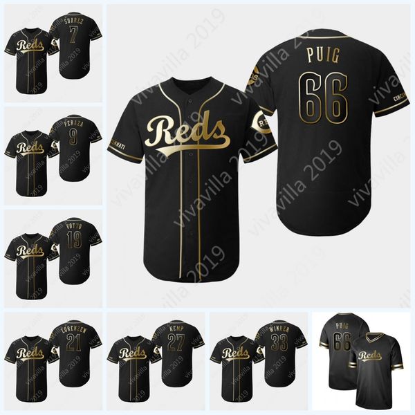 

2019 Black Gold 66 Yasiel Puig Cincinnati 19 Joey Votto 33 Jesse Winker 27 Matt Kemp Jose Peraza Eugenio Suarez Reds Jerseys Mens