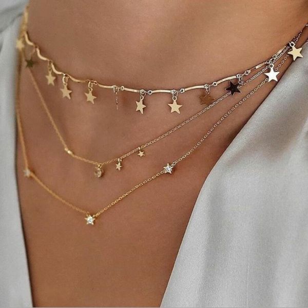 

2019 fashion multilayer necklaces gold star moon pendant women round crystal clavicle chain chokers bohemian jewelry, Silver