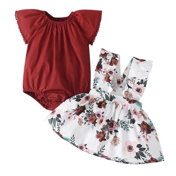 

2pcs summer newborn baby girls clothes short sleeve solid color romper bodysuit + flower print strap skirt outfits ropa para beb, White