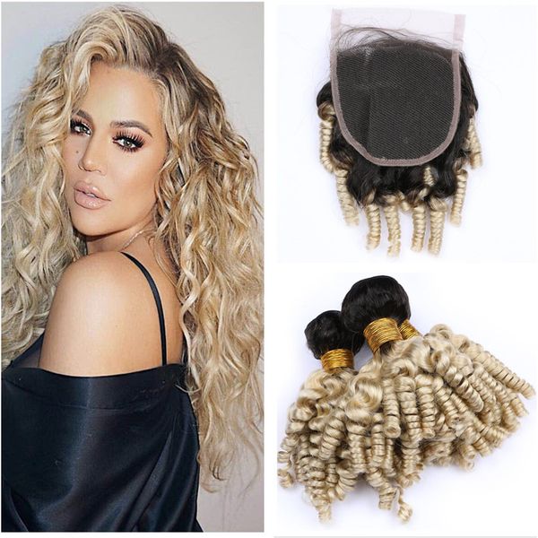 2019 Aunty Funmi Curly Blonde Brazilian Hair Bundles With Closure