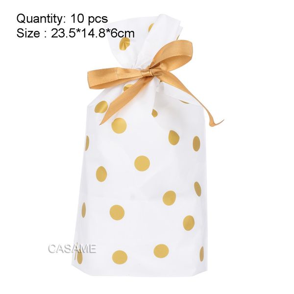 

10pcs/lot gold polka dot white plastic drawstring bag ribbon candy bag birthday party wedding decor decorations supplies