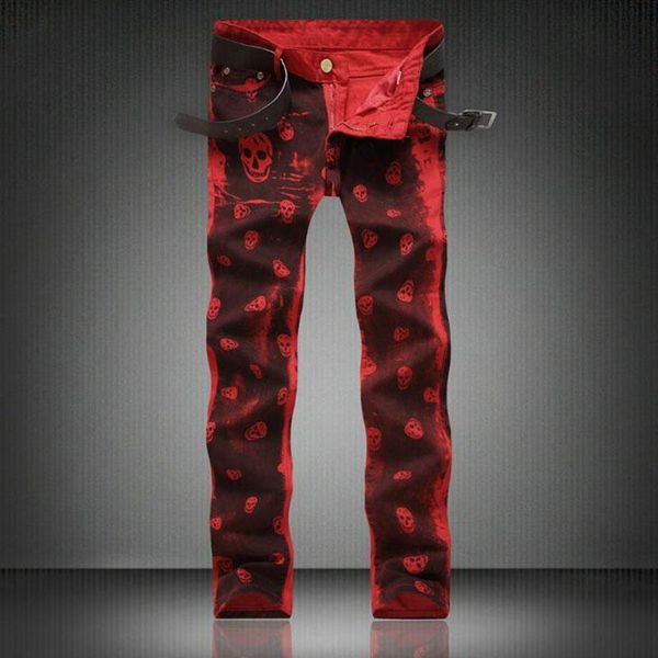 

fashion skull printed jeans for men casual slim straight jeans designer red pants mens brand printing trousers jeans, Blue